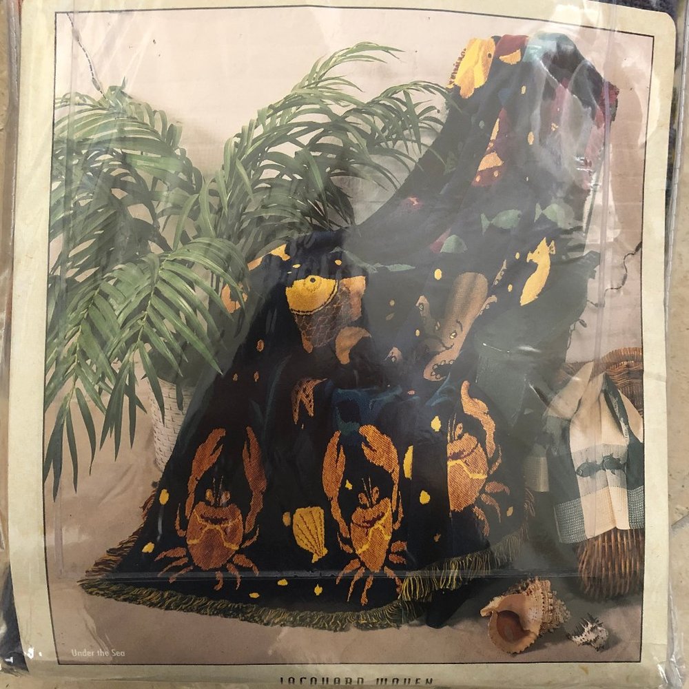 Jacquard Woven Cotton Throw Blanket 46 x 67" Under the Sea pattern w/ Fringe EUC